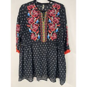 Ethnic by Outfitters Tunic Top Size S Women Black‎ Boho Embroidered Tassel Shirt